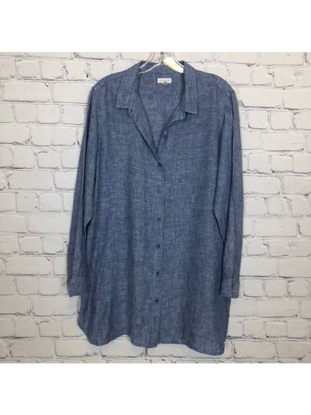 Garnet Hill Blue 100% Linen Buttondown Tunic Top Petite Size PL